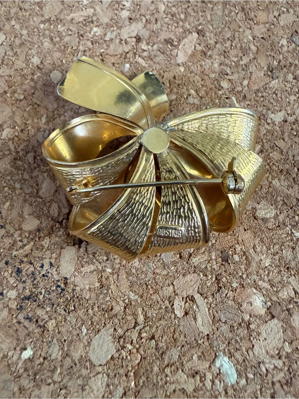 Vintage Signed Austria Brushed Gold Bow Flower Brooch